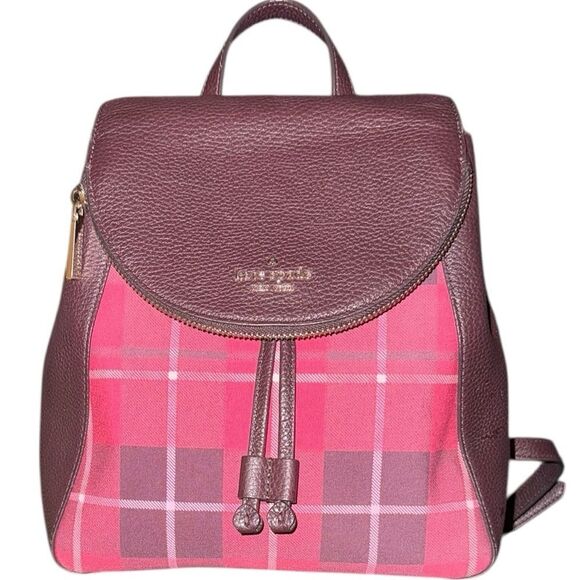 Kate ♠️ Spade Leila Red/Pink Plaid Medium Backpack w/pebbled leather - EUC